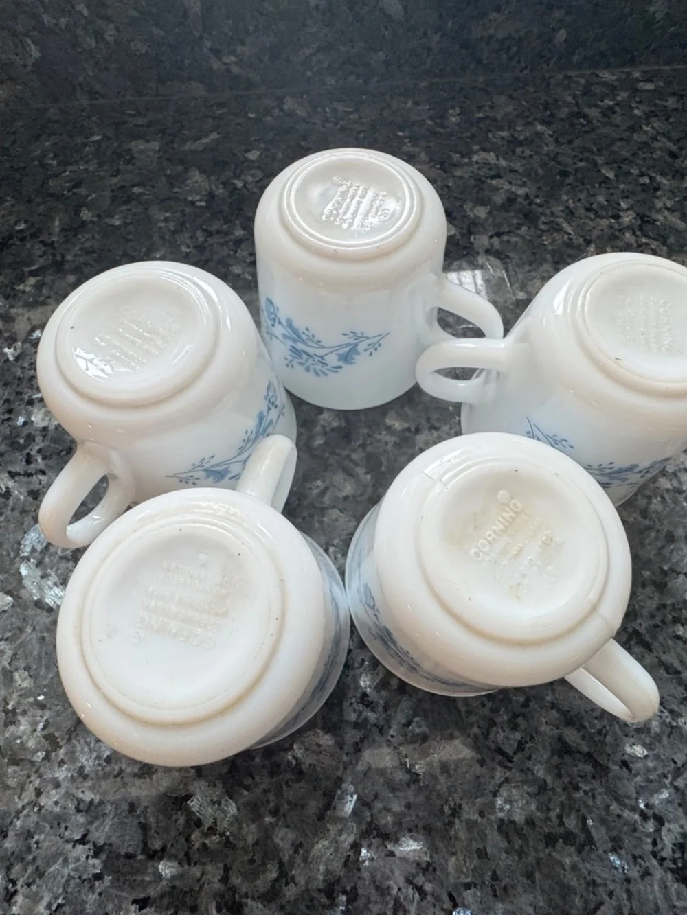 5 Vintage Corelle CORNING Coffee Mugs COLONIAL MIST  Blue Floral Print Excellent